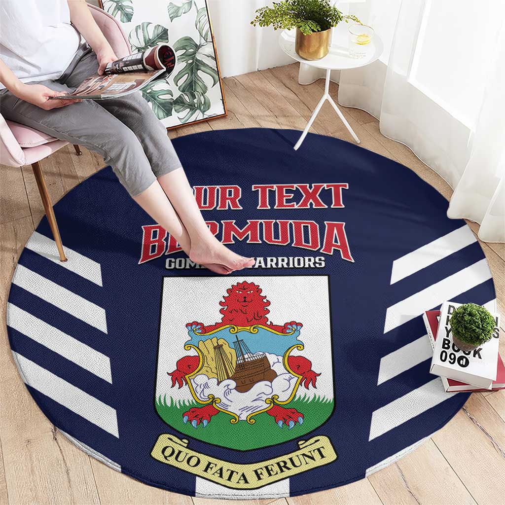 Blue round Bermuda football rug with “YOUR TEXT BERMUDA” crest and white stripe border