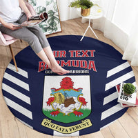 Blue round Bermuda football rug with “YOUR TEXT BERMUDA” crest and white stripe border