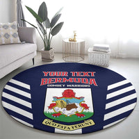 Blue round Bermuda football rug with crest logo, “YOUR TEXT BERMUDA” and white side stripes