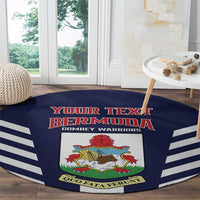 Blue round Bermuda football rug with red “YOUR TEXT BERMUDA” text, crest and white stripes