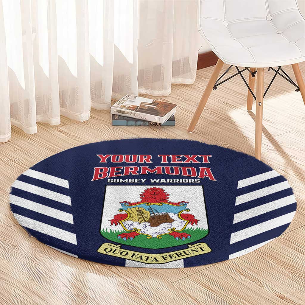 Blue round Bermuda football rug with “YOUR TEXT BERMUDA” crest, green banner, white stripes