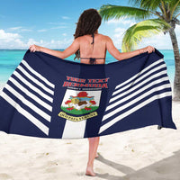 Blue football sarong with white stripes and red custom text panel with coat of arms