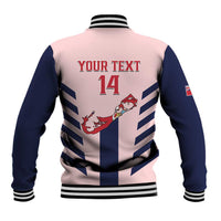 Pink and navy varsity baseball jacket back with striped panels, graphic, and number 14