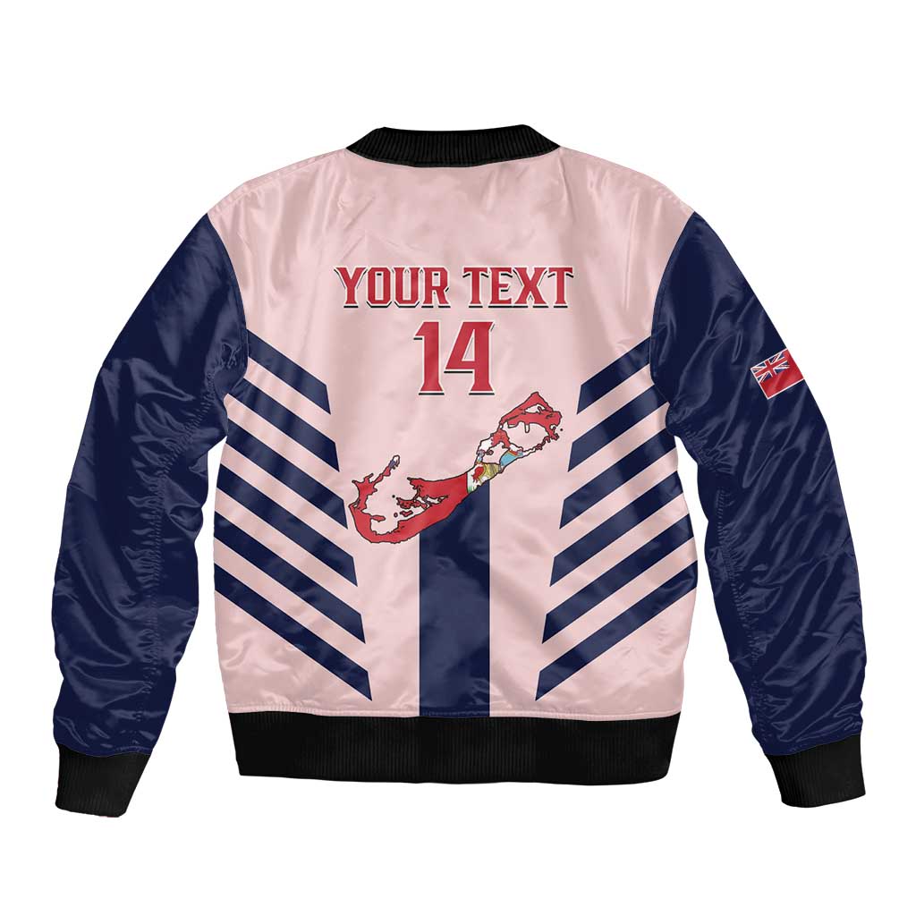 Pink and navy bomber jacket with ribbed collar and hem, back graphic reading YOUR TEXT 14