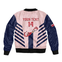 Pink and navy bomber jacket with ribbed collar and hem, back graphic reading YOUR TEXT 14