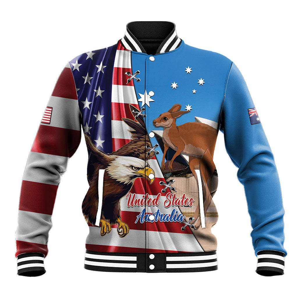 Blue baseball jacket with varsity collar, button front, eagle and kangaroo graphic
