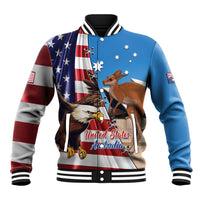 Blue baseball jacket with varsity collar, button front, eagle and kangaroo graphic