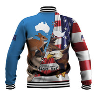 Back baseball jacket with blue and red flag print, kangaroo and eagle artwork