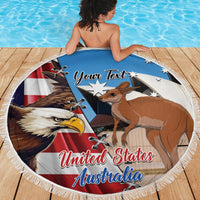 Round blue beach blanket with eagle, kangaroo, and flags graphic, fringe edge