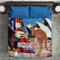 Blue bedding set with eagle and kangaroo print, personalized text, two pillowcases