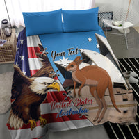 Blue bedding set with eagle and kangaroo artwork on duvet, two blue pillowcases