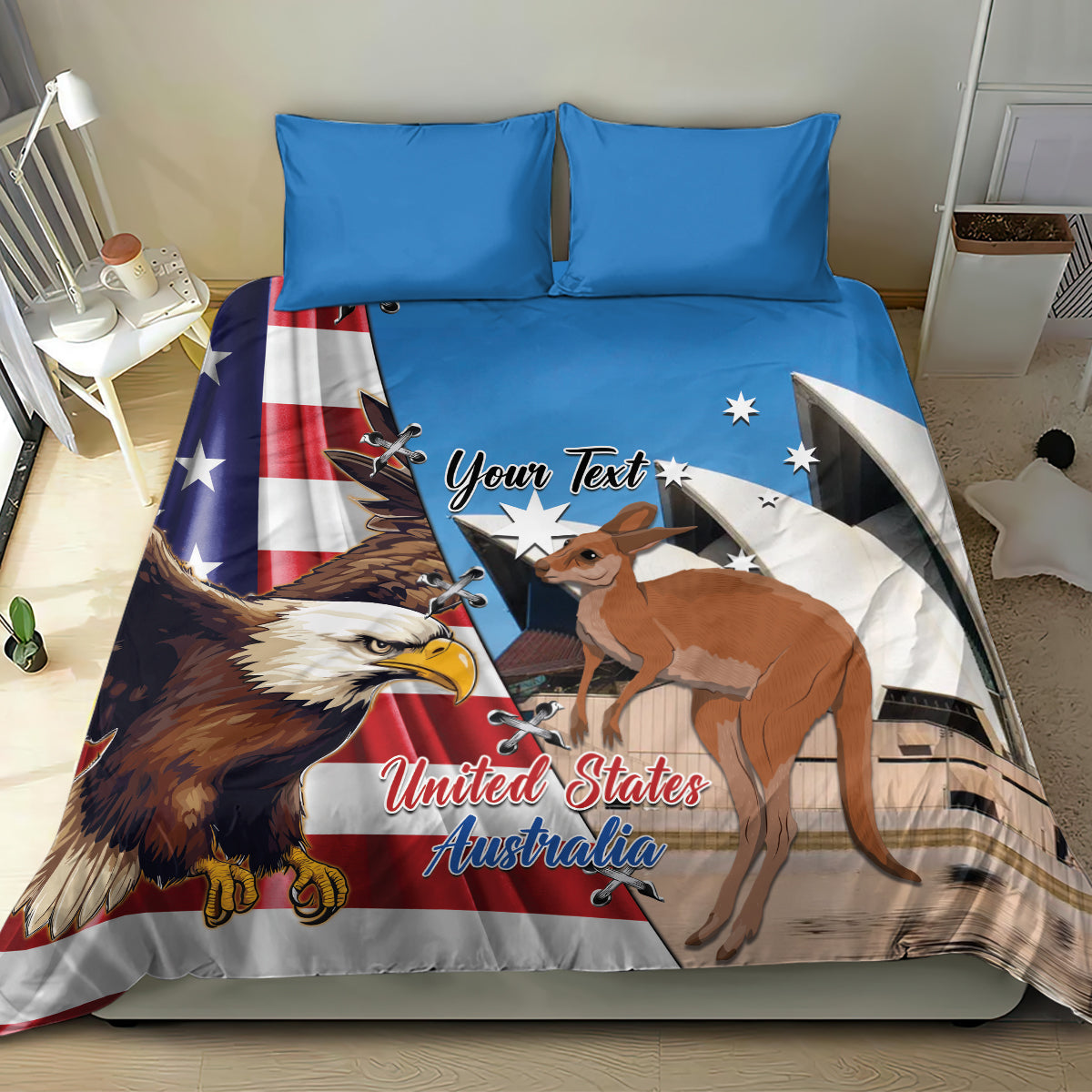Personalized bedding set with eagle, kangaroo, and star graphics on blue-and-white duvet