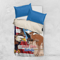 Blue bedding set with matching blue pillowcases and eagle-kangaroo print duvet