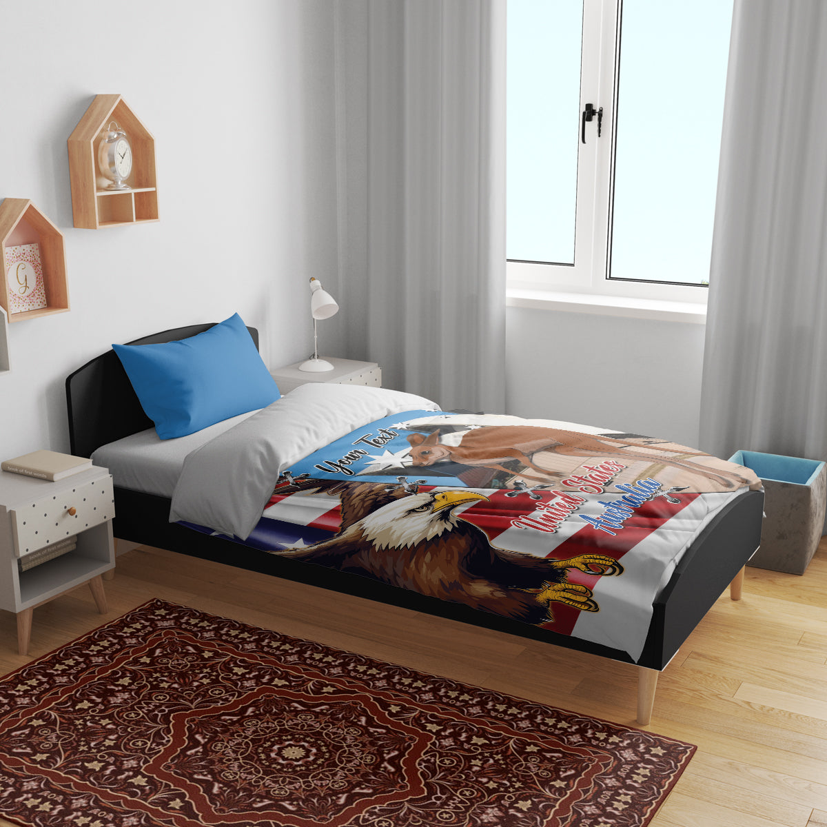 Duvet bedding set with eagle and kangaroo print and blue pillowcases on a bed