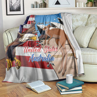 Personalized blue blanket with US and Australia flags, eagle and kangaroo graphic