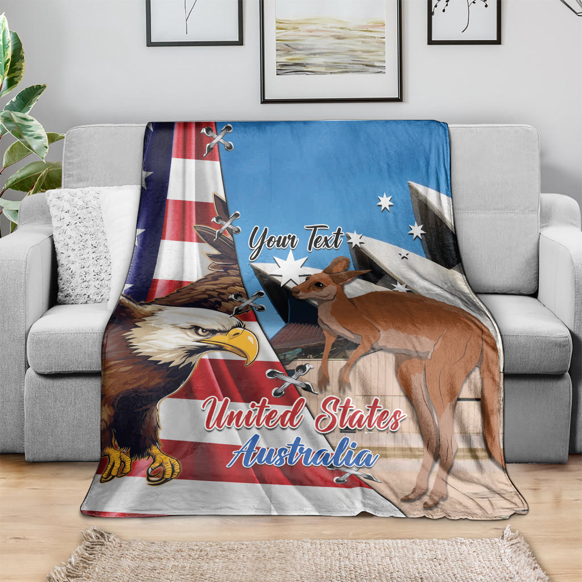 Personalized blue blanket on sofa with eagle and kangaroo over US-Australia flags