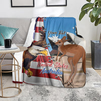 Personalized blue blanket on chair with eagle and kangaroo US-Australia flag print