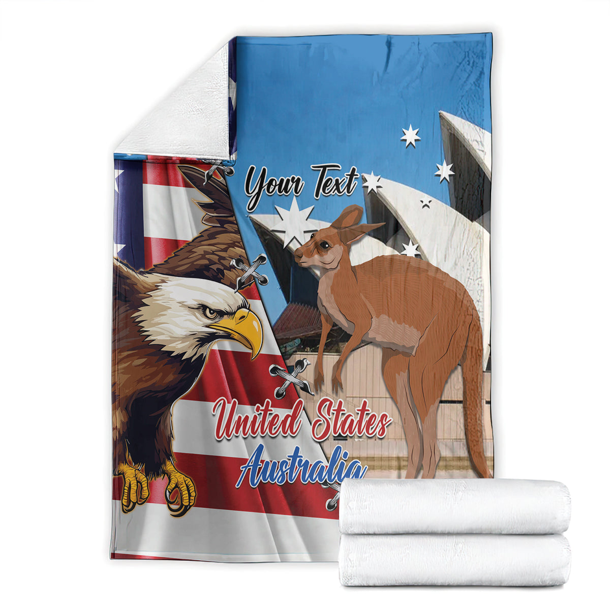 Personalized blue blanket, eagle and kangaroo US-Australia print, folded with linens