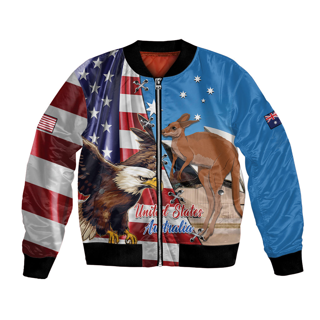 Blue bomber jacket with US flag, eagle and kangaroo graphic, zip-front, ribbed cuffs