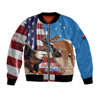 Blue bomber jacket with US flag, eagle and kangaroo graphic, zip-front, ribbed cuffs