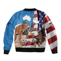 Blue bomber jacket with US and Australian flags, eagle and kangaroo graphic, zip-front