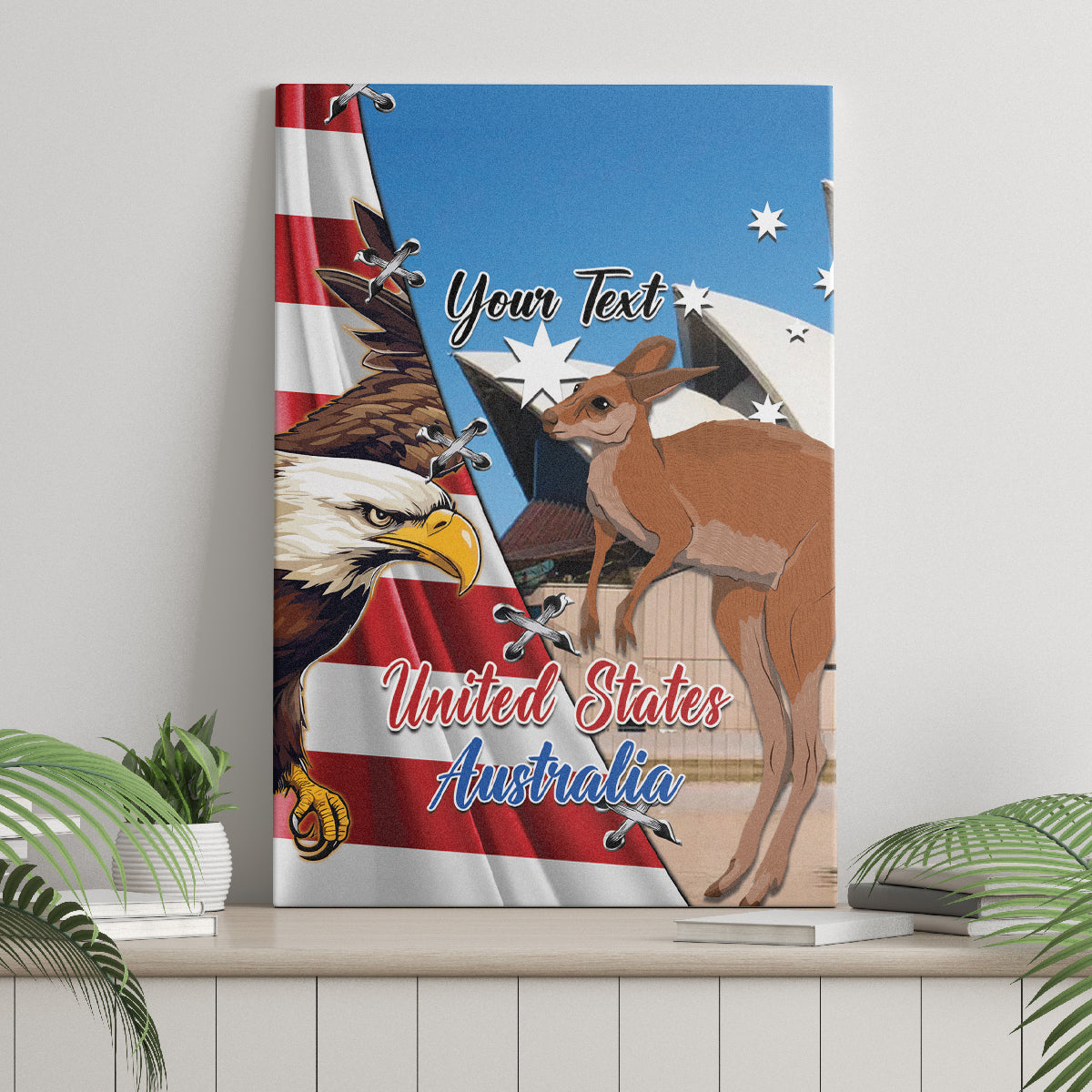 Personalised canvas wall art on shelf: eagle, kangaroo, Australia stars and US flag