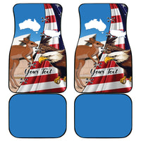 Car mats set of two, blue border, US-Australia eagle and kangaroo graphic with 'Your Text'