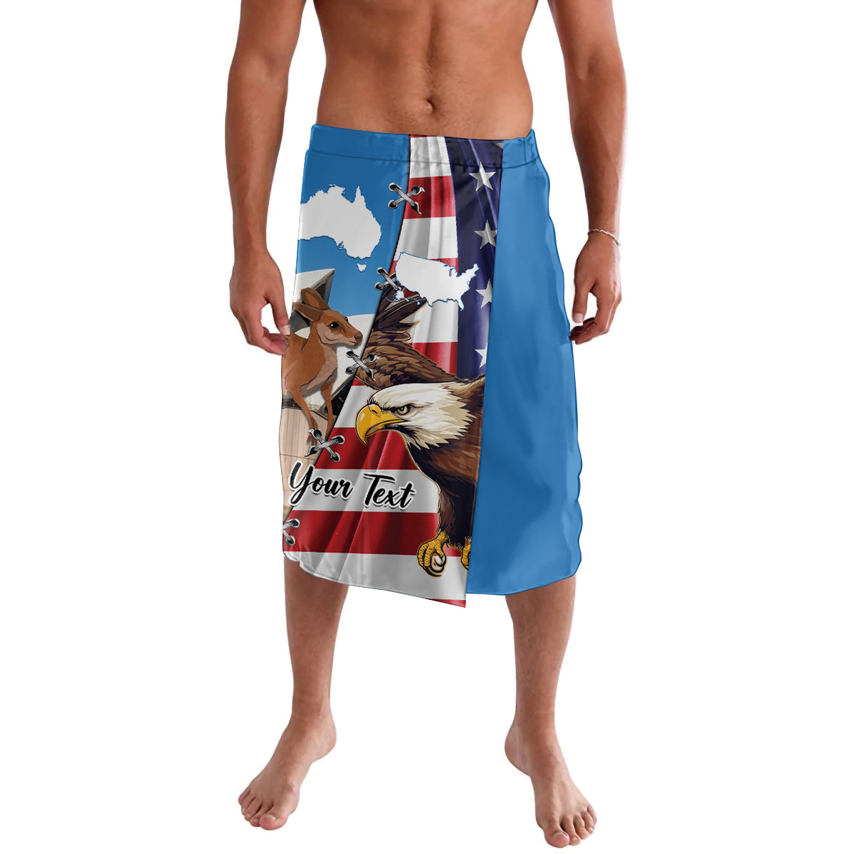 Blue printed swim shorts with eagle and kangaroo US flag graphic; 'Your Text'