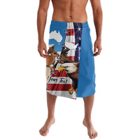 Blue printed swim shorts with eagle and kangaroo US flag graphic; 'Your Text'