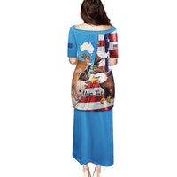 Blue long dress, back view with flag graphic, kangaroo and eagle, 'Your Text' area