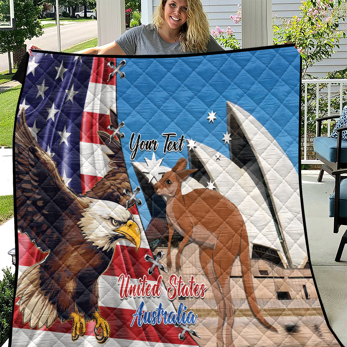 Personalized quilt, blue top with US and Australia flag panels, eagle and kangaroo