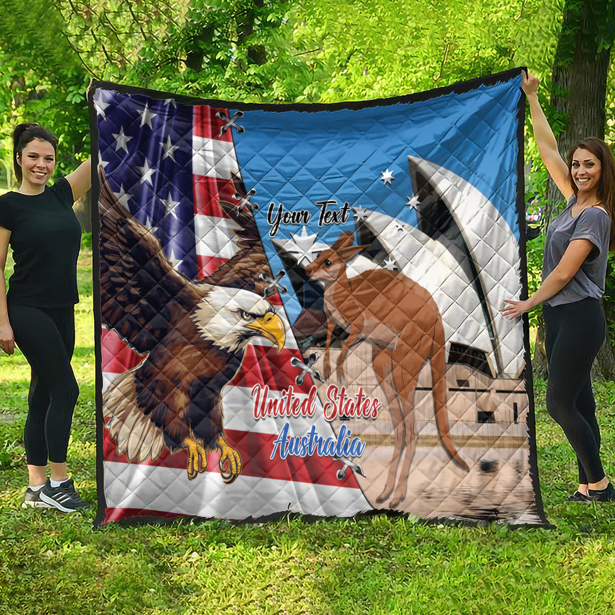 Personalized quilt laid outdoors with US/Australia flags, eagle and kangaroo design