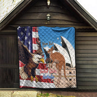 Personalized quilt hanging in doorway, US and Australia flags, eagle and kangaroo artwork