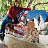 Personalized quilt spread on patio with US/Australia flags, eagle and kangaroo
