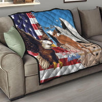 Personalized quilt on sofa, blue quilted design with US/Australia flags, eagle and kangaroo