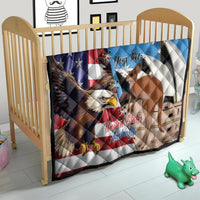 Personalized quilt with US and Australia flags, eagle and kangaroo graphics in blue tones
