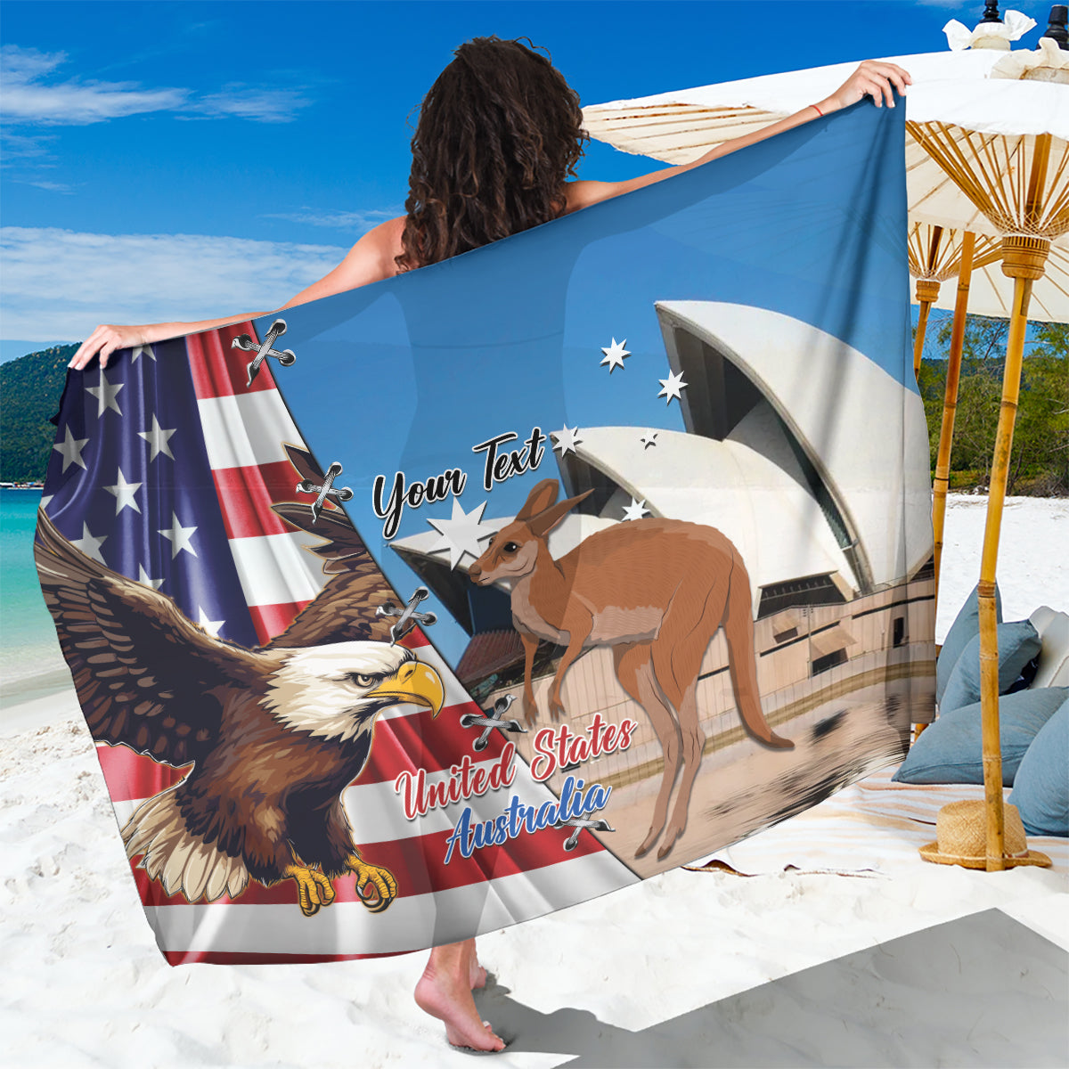 Personalized blue sarong with US eagle, Aussie kangaroo, and “Your Text”