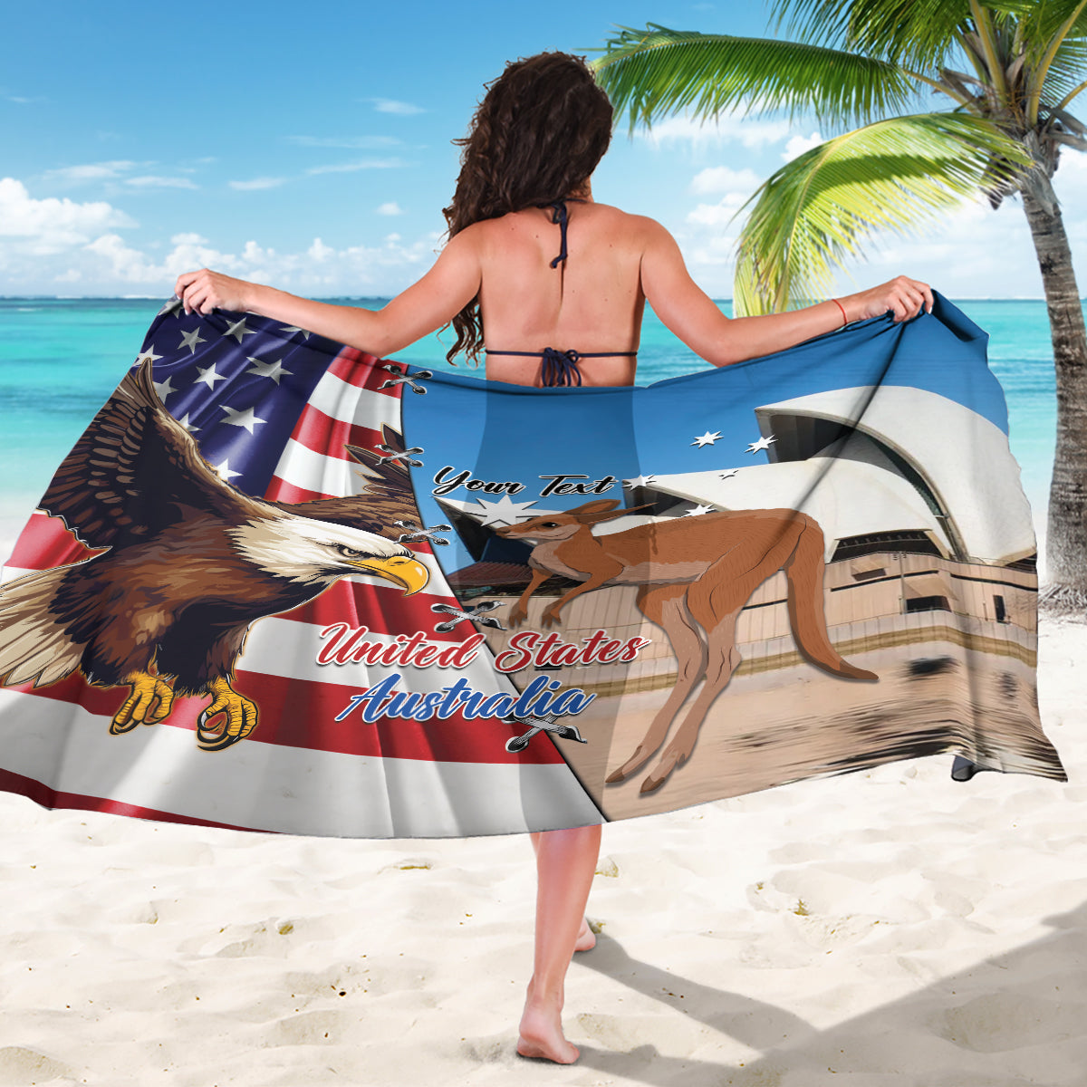 Personalized blue sarong draped on back, featuring US eagle and Aussie kangaroo