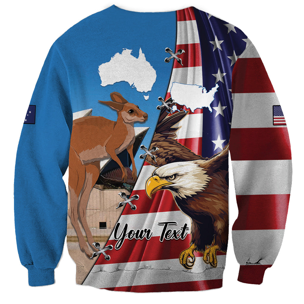 Unisex blue sweatshirt with eagle, kangaroo, and US/Australia flags; 'Your text' print