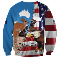 Unisex blue sweatshirt with eagle, kangaroo, and US/Australia flags; 'Your text' print