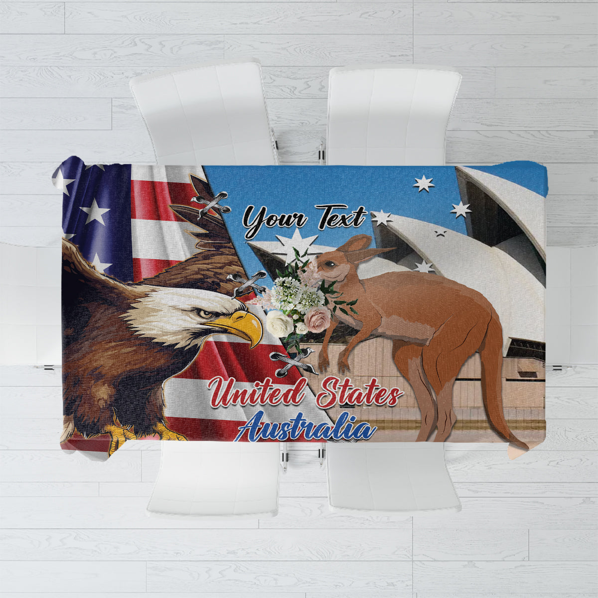 Blue tablecloth with eagle and kangaroo graphic, United States and Australia text