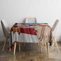 Rectangular tablecloth with eagle and kangaroo design in blue, red, and tan