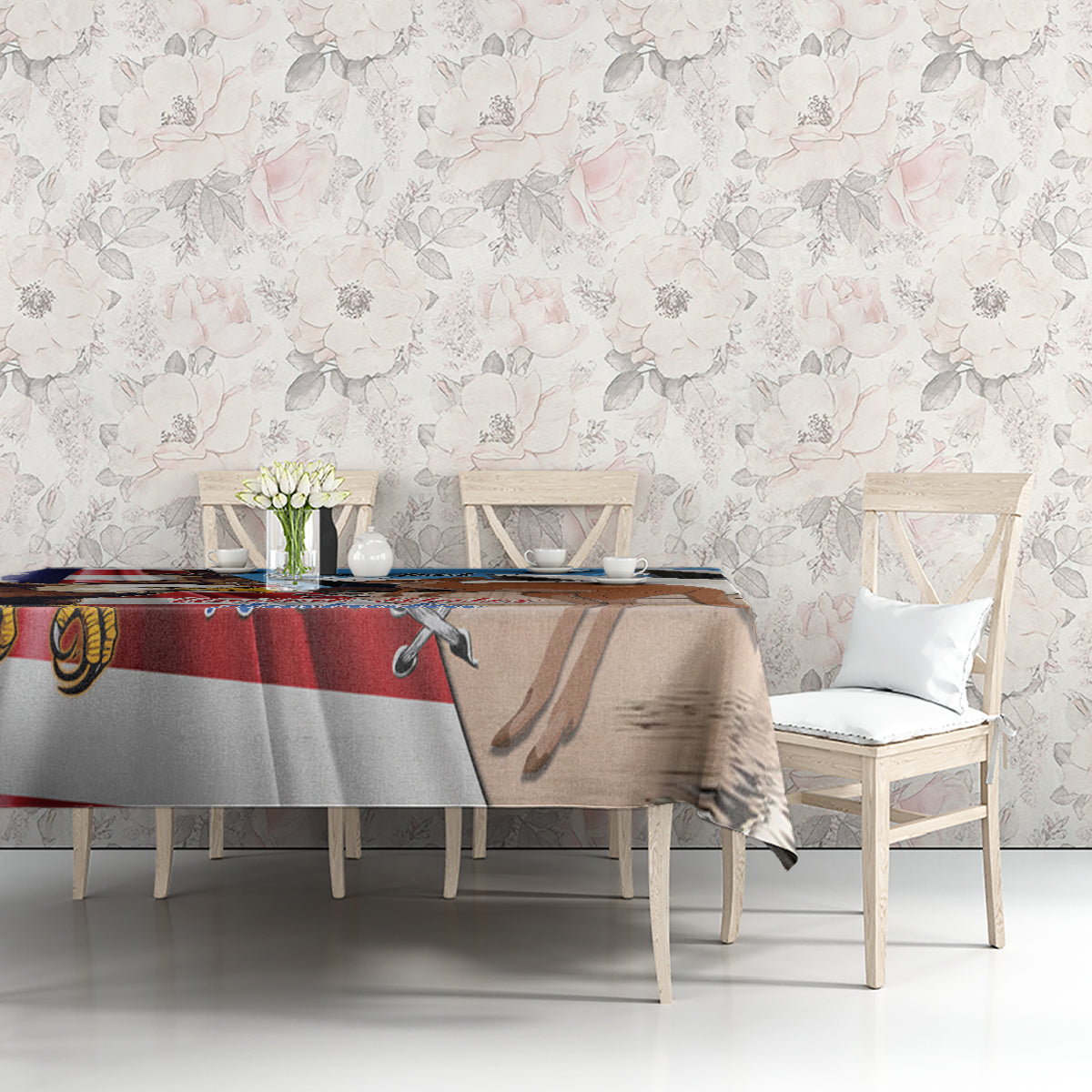 Blue tablecloth featuring eagle, kangaroo, and United States and Australia text