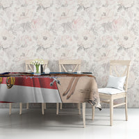 Blue tablecloth featuring eagle, kangaroo, and United States and Australia text