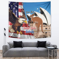 Personalised US/Australia eagle & kangaroo tapestry with 'Your Text' and flag artwork.