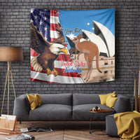 Wall-hung personalised US/Australia eagle & kangaroo tapestry with 'Your Text' label.