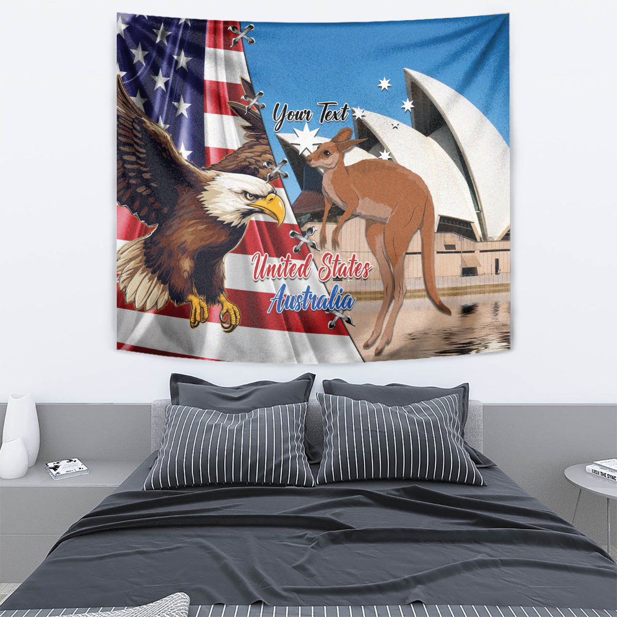 Bedroom wall tapestry showing US/Australia eagle & kangaroo with 'United States Australia'.