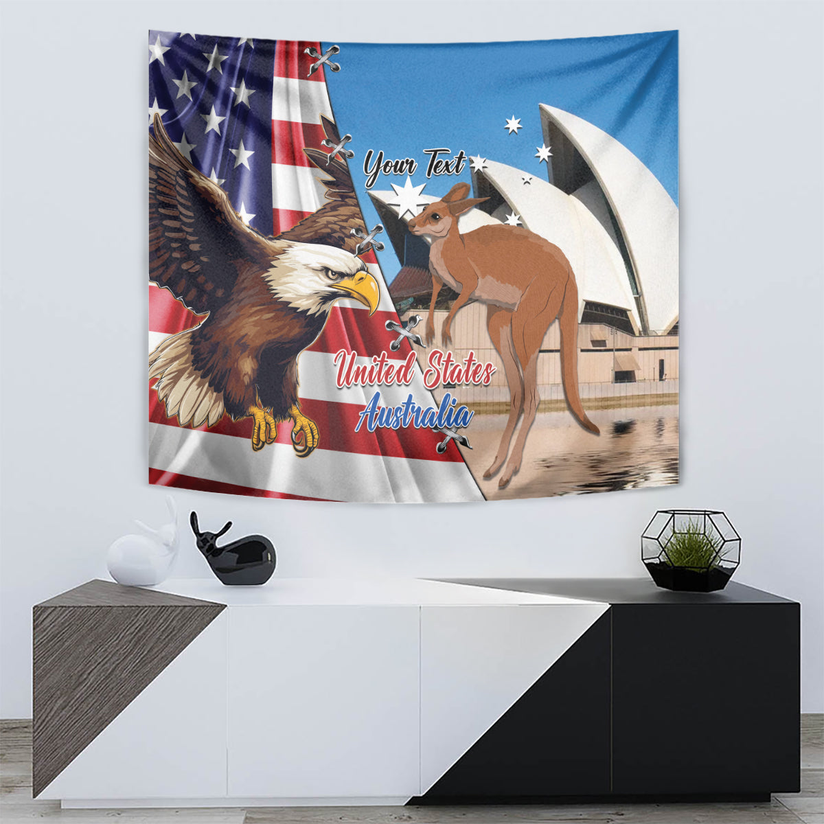 US/Australia eagle & kangaroo tapestry with 'Your Text' over flag and harbor artwork.