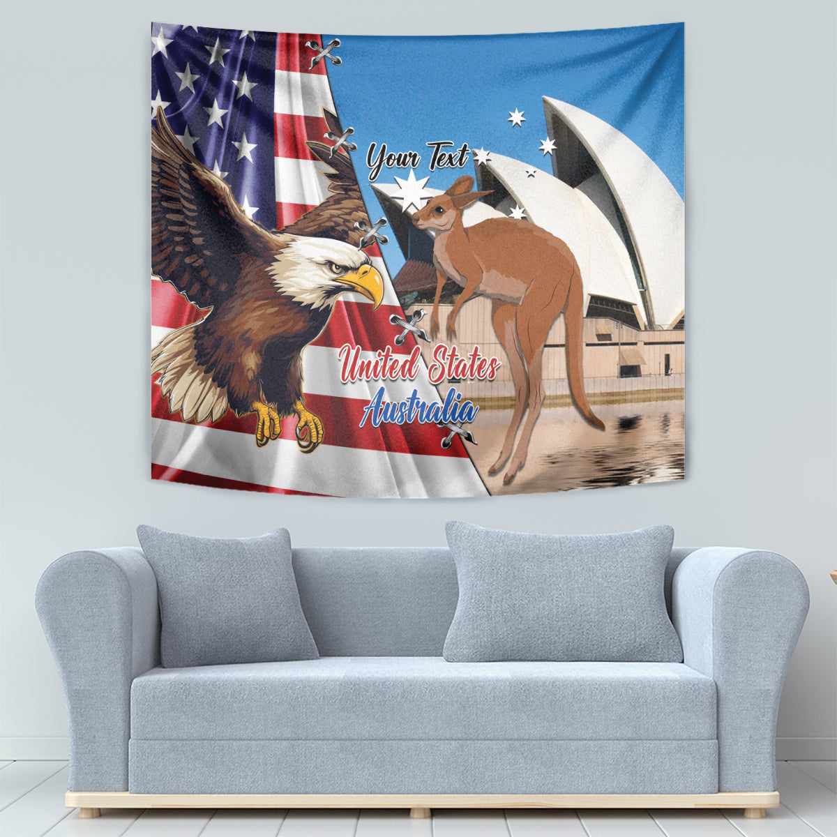 US/Australia eagle & kangaroo wall tapestry with 'Your Text' and decorative lettering.