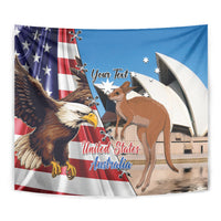 Close-up personalised US/Australia eagle & kangaroo tapestry with 'Your Text'.